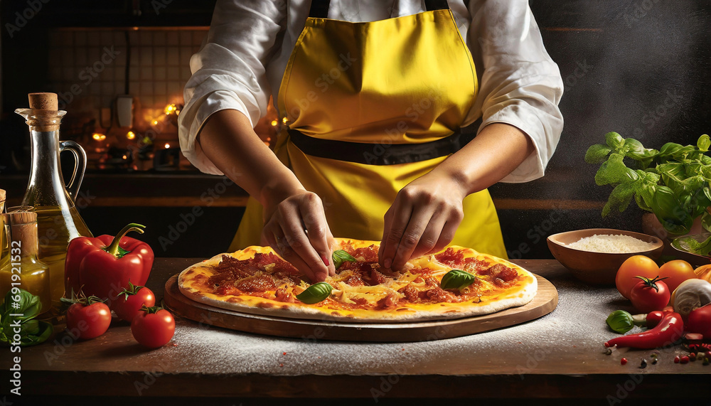 Pizza Chef happily preparing his pizza in his kitchen with the ingredients on his countertop