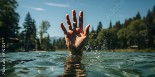 Hand im Wasser bettelt um Hilfe vorm Ertrinken im Querformat f  r Banner  ai generativ