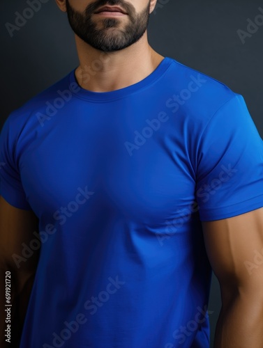 Royal blue men's t-shirt. High-quality fabric, sharp-focused, hyper-realistic stock image. Perfect for fashion industry, menswear, clothing store, or fashion brand © Aidas