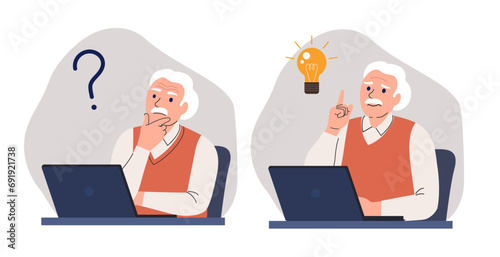Elderly man before the laptop surrounded by a question mark and finding new idea. Shiny light bulb. Flat style cartoon vector illustration.