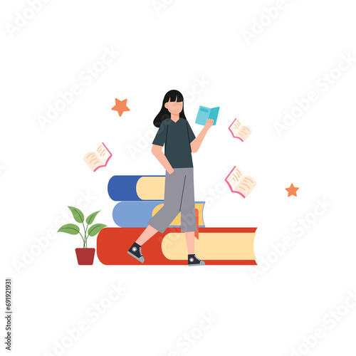 Man and woman studying  on books with laptop computers learning and educating themselves. Flat design vector illustration