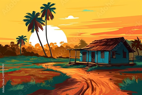 little mud house at sunset with palm trees illustration photo
