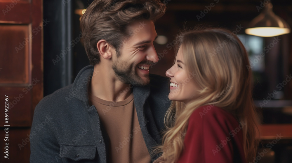 Bright happy couple smiling, lover in a coffee shop. Generative AI. Bright happy couple smiling, lover in a coffee shop. Generative AI.