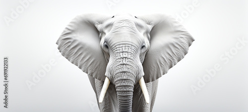 Close-up photo of a wild elephant  beautiful ivory  large ears  on a white background. For art texture  presentation design or web design and web background. Generative ai