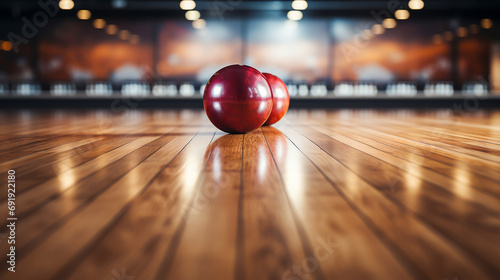 Bowling ball on wooden bowling alley at the club, For presentation design or web design and web background. Generative AI.