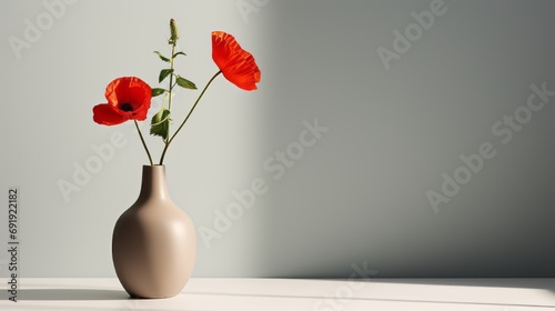 vase with red flowers agains light grey wall