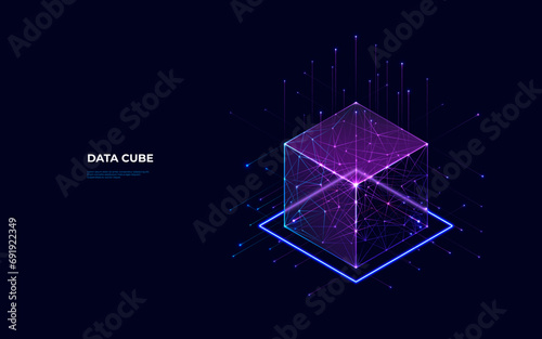 Abstract digital data cube in technology futuristic wireframe style. Isometric polygonal 3D box in light blue and purple on dark background. Blockchain, Big Data and Artificial Intelligence concepts. 