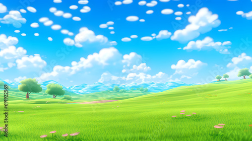 Bright cartoon landscape with green fields