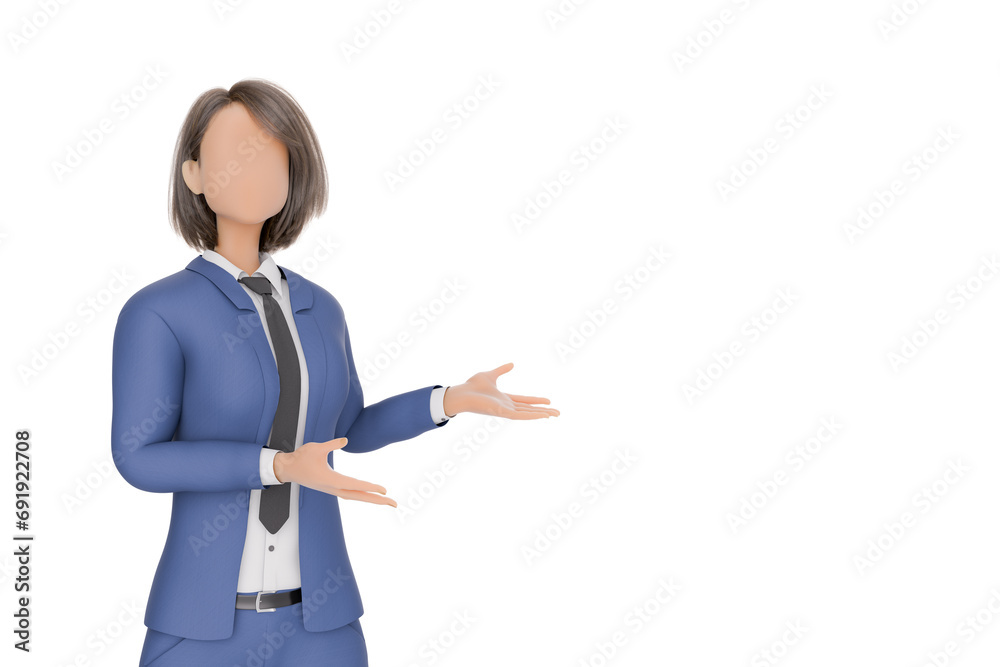 3D rendering of a stylized character businesswoman with a welcoming gesture, explaining a concept or giving a presentation, dressed in a professional blue suit on a isolated white background. 3D rendering of a stylized character businesswoman with a welcoming gesture, explaining a concept or giving a presentation, dressed in a professional blue suit on a isolated white background.