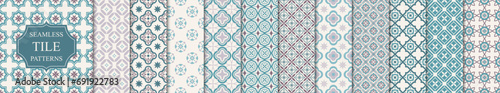 Collection of seamless ornamental geometric tile mosaic patterns. Elegant color oriental repeatable backgrounds, symmetric textures. Decorative endless prints