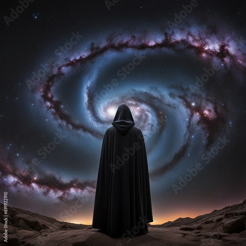 A man in a black cloak looks at the starry sky. AI