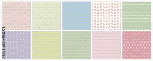 Fototapeta Naklejka Na Ścianę i Meble -  Collection of seamless geometric unusual symbol patterns - minimalistic design. Abstract simple backgrounds. Delicate color stylish fabric prints