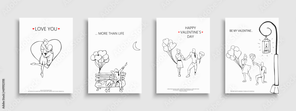 Collection of Valentines Day posters, greeting cards with romantic hand drawn illustrations of couple in love. Stylish holiday covers, banners, flyers, invitations 14th February cute concept