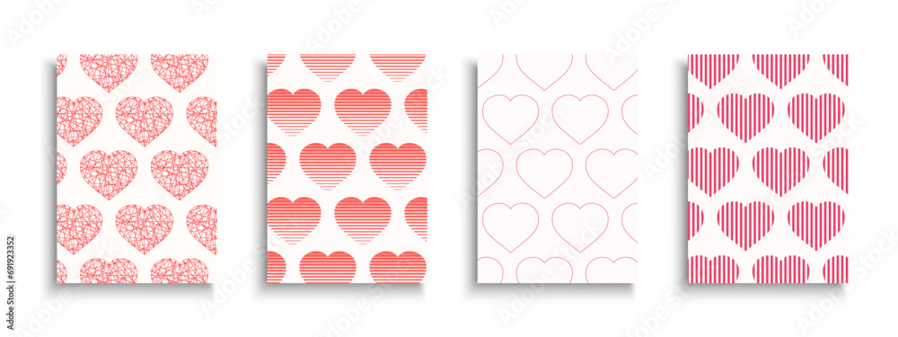 Collection of romantic posters, greeting cards, invitations, banners, covers, flyers with hearts prints and patterns. 14th February Valentines day creative cute geometric design