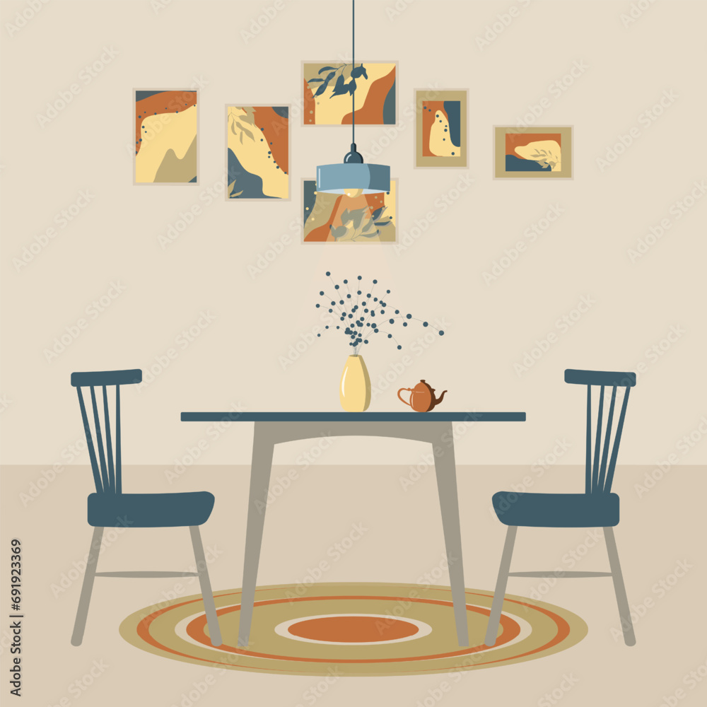Fototapeta premium Mid century style dining room interior design in green with dining table, chairs, flowers, vase, kettle, rug, wall gallery and ceiling lamp. Home interior design flat illustration for your projects