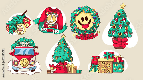 Groovy Christmas stickers set vector illustration. Cartoon isolated retro Xmas collection with funny sweater and Christmas Tree with toys, hippie van and wreath with happy emoji, gift boxes from Santa