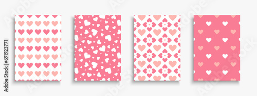 Set of holiday greeting postcards, posters, invitation with cute hearts print. Stylish covers, templates, placards, brochures, banners, flyers - 14 February romantic patterns for Valentine day
