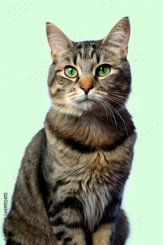 A green-eyed, tabby cat isolated on light green background © Denis