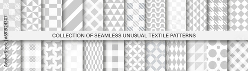 Collection of grey textile seamless patterns - geometric delicate design. Vector repeatable cloth backgrounds. Monochrome endless prints