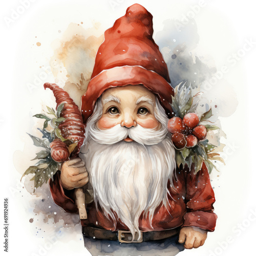 Illustration of a cute watercolor Christmas gnome in a red cap, on a white background