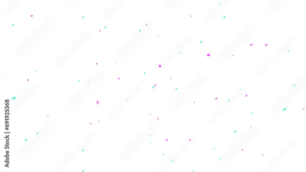Pink and turquoise snow falling on a white background, alpha channel