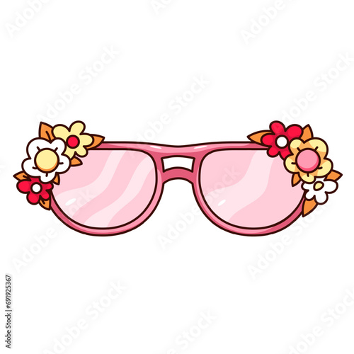 Groovy cartoon sunglasses with summer flowers on pink frames. Funny retro fashion accessory for girls with hippie vibe, cute sunglasses cartoon sticker of 60s 70s style vector illustration