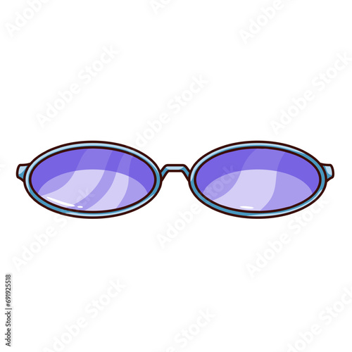 Groovy cartoon sunglasses of oval shape. Funny retro eyeglasses with blue frames and purple glasses for stylish outfit, fashion spectacles, sunglasses cartoon sticker of 90s style vector illustration