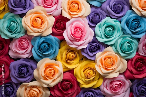 Many colorful roses are located on the left and 2 3 of the free space on the right on a light background