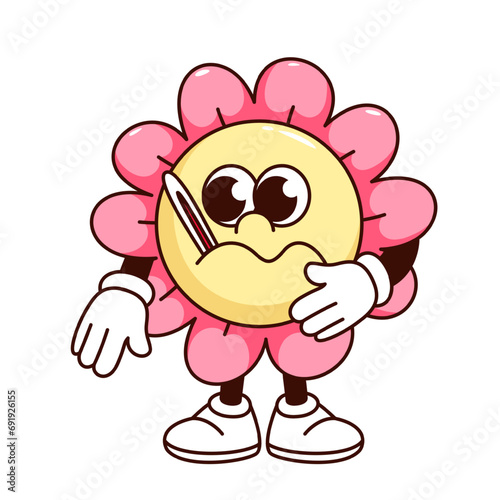 Groovy sick flower cartoon character with thermometer. Sad ill daisy emoticon with hot temperature, retro cartoon sick floral mascot with cold and flu symptoms, sticker of 70s 80s vector illustration