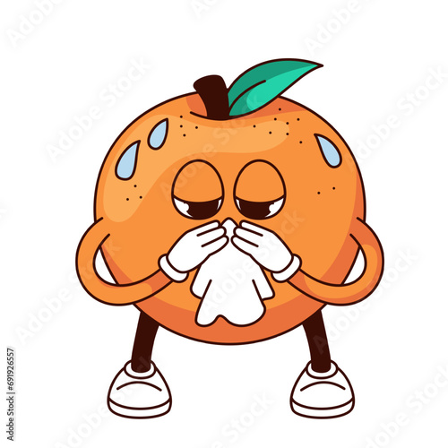 Groovy sick orange cartoon character with handkerchief. Funny citrus fruit holding tissue to cough or sneeze, retro cartoon orange with allergy or flu mascot, sticker of 70s 80s vector illustration