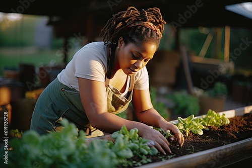 Soulful Cultivation Determined African-American Woman Nurturing Garden Beds, Manifesting Dedication to Organic Farming, Illuminated by Sunlight's Embrace. created with Generative AI © photobuay