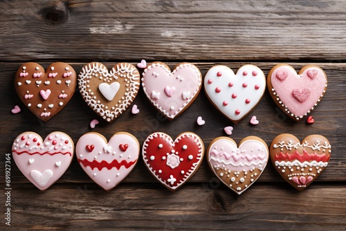 Decorated heart shaped cookies on wooden table. Valentine's day