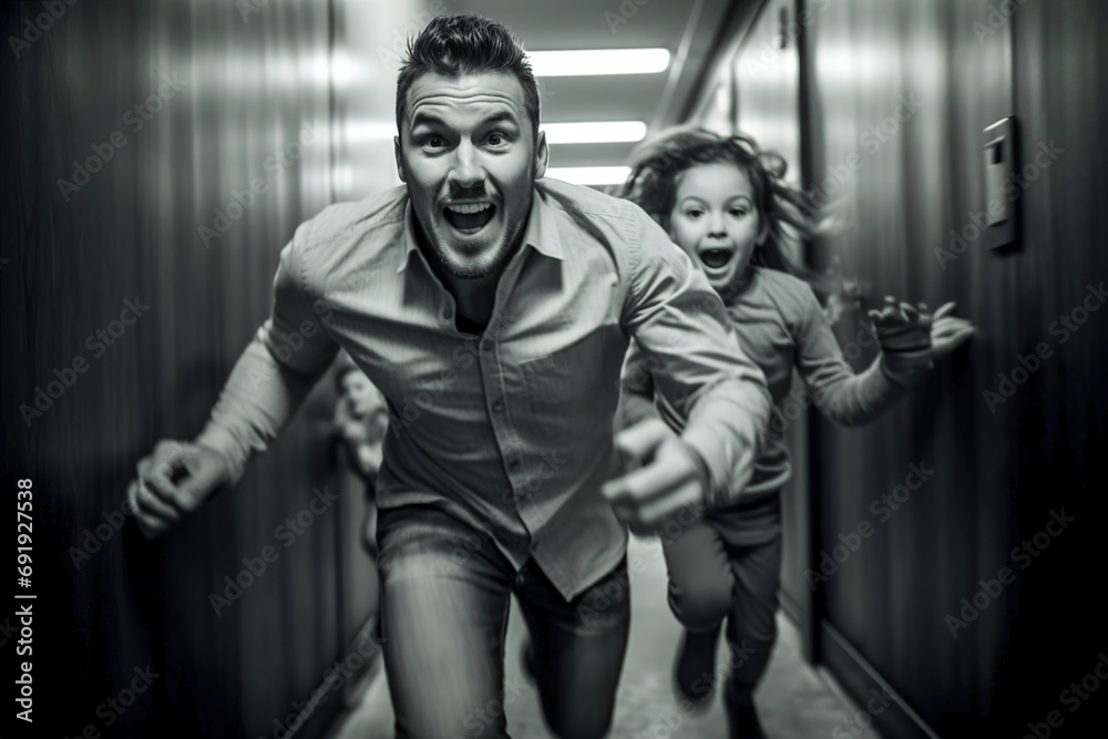 Father and children running in the house. Happy family is playing. Father and children running in the house. Happy family is playing.