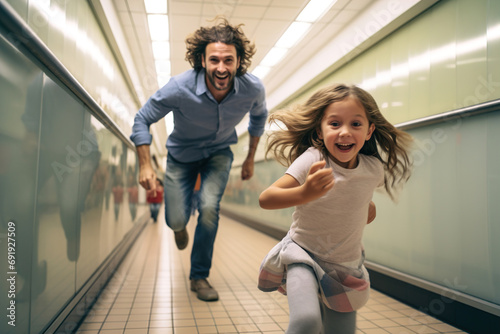 Father and children running in the house. Happy family is playing.