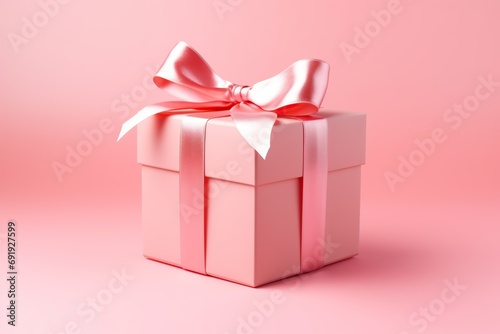 Valentines day. Gift box with ribbon bow on pink background
