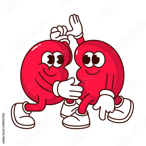 Groovy kidneys cartoon characters dancing. Funny pair of human organ in bean shape, retro cartoon kidneys friends mascots with comic pose. Funky body anatomy sticker of 70s 80s vector illustration