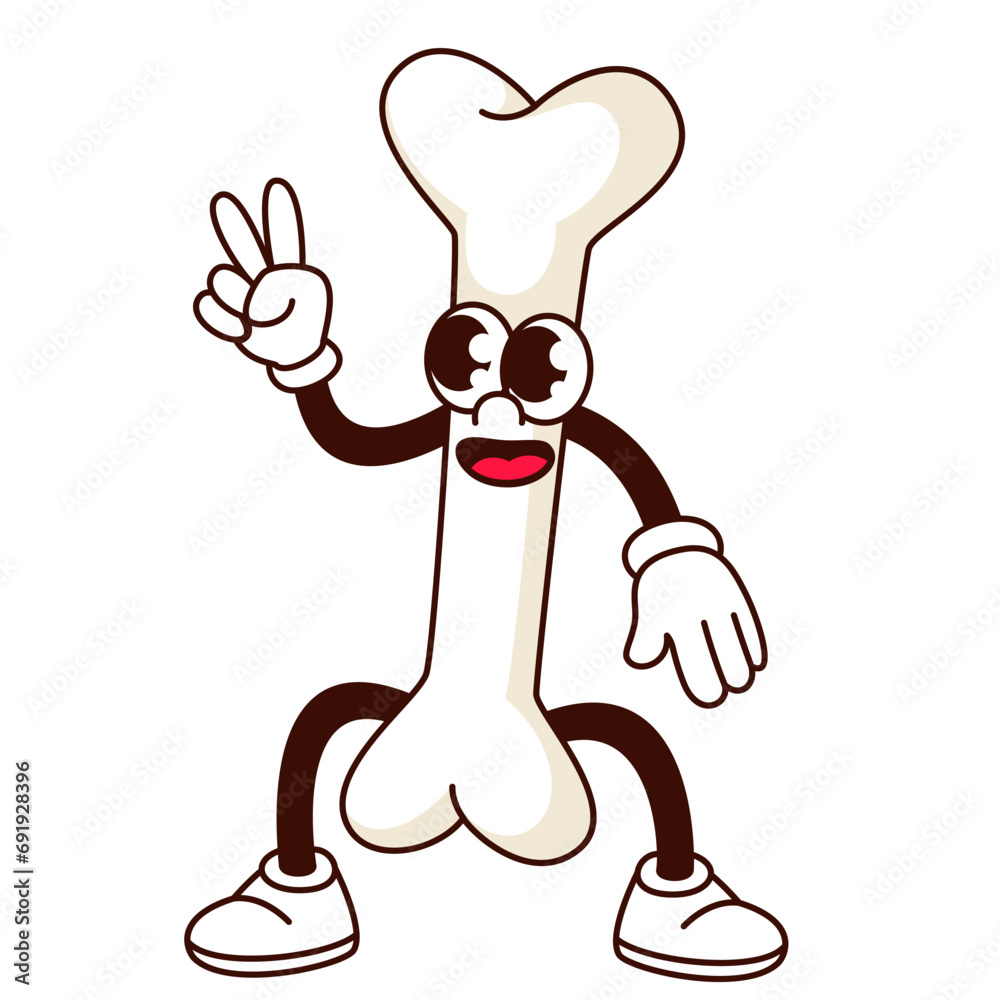 Groovy bone cartoon character with peace and victory sign. Funny healthy skeleton bone with V fingers, retro cartoon human skeletal system mascot, body anatomy sticker of 70s 80s vector illustration Groovy bone cartoon character with peace and victory sign. Funny healthy skeleton bone with V fingers, retro cartoon human skeletal system mascot, body anatomy sticker of 70s 80s vector illustration