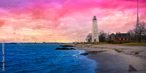 New Haven Landmark Lighthouse at the beachfront of Morgan Point Park, built in 1847 in Connecticut. Winter coastal landscape in New England at dramatic cloudy sunset in America. photo