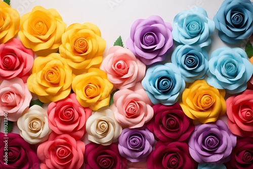 Many colorful roses are located on the left and 2 3 of the free space on the right on a light background