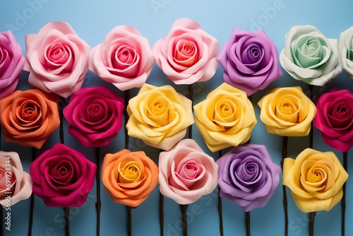 Many colorful roses are located on the left and 2 3 of the free space on the right on a light background