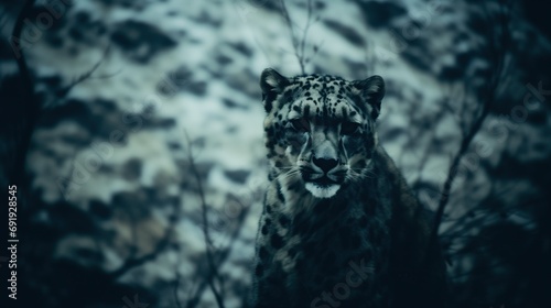 snow leopard in natural habitat, 35mm film cinematography style