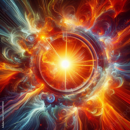 The intensity of a solar flare through abstract imagery, using vibrant colors and dynamic shapes to convey the energy and power of the sun