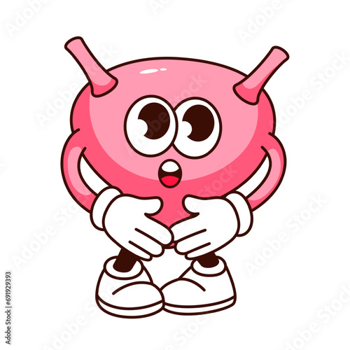 Groovy bladder cartoon character with funny pose. Comic human urinary system organ with surprise expression on face, retro full bladder cartoon mascot, anatomy sticker of 70s 80s vector illustration