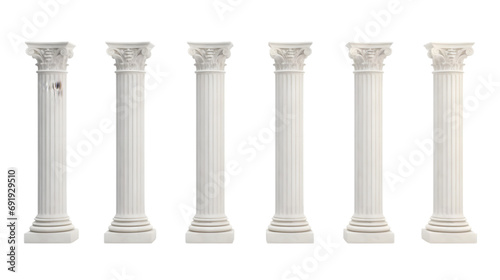 Six marble pillars columns ancient Greek isolated on white background. Generative AI. photo