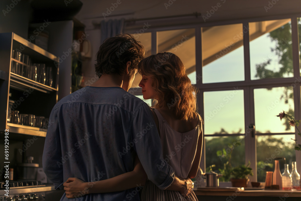 A man and woman showing love while cooking. Young couple embracing in a kitchen. Back side view.