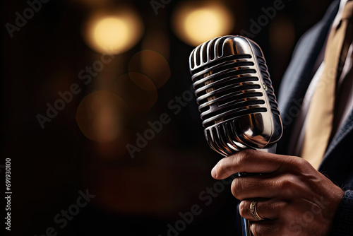 Detailed, close up photo of a singer's hand gripping a classic retro microphone, reminiscent of the golden age of jazz and blues. Blurred background with copy space
