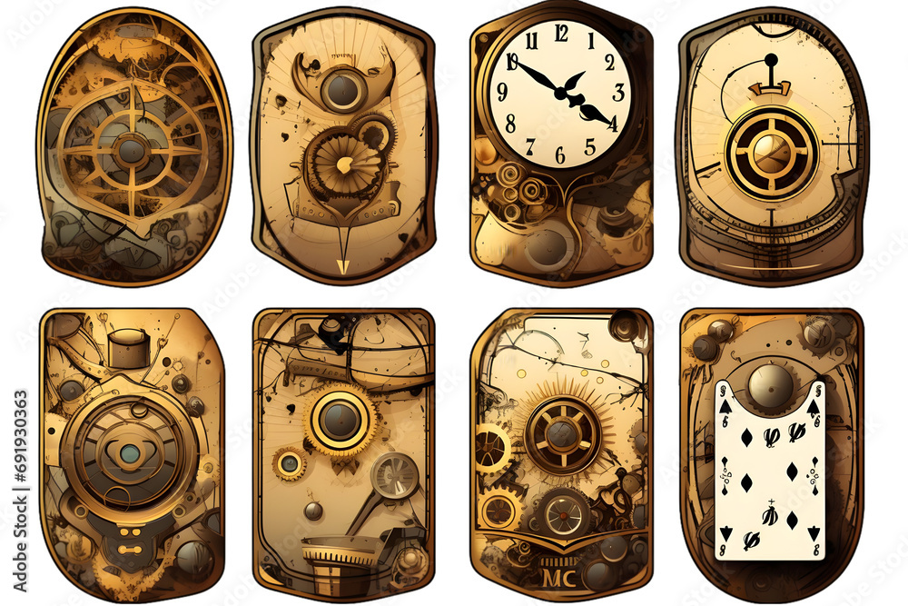 steampunk card or poster - various design elements isolated on white background. Generative AI.