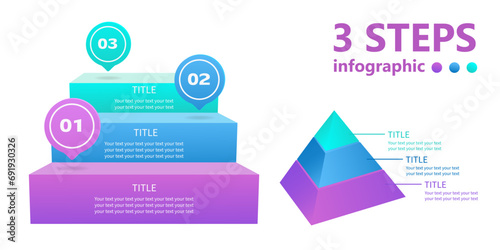 A set of business infographics. Staircase and pyramid of 3 steps. 3 D. Vector illustration.