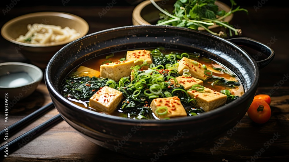 Top View of Miso Soup with Tofu and Seaweed