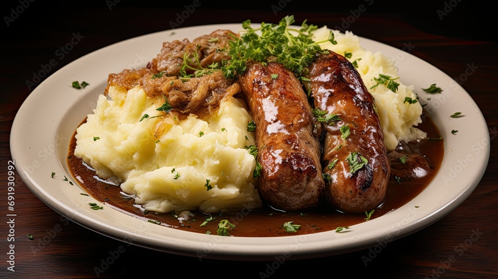 Top View of Bangers and Mash with Gravy Top View of Bangers and Mash with Gravy